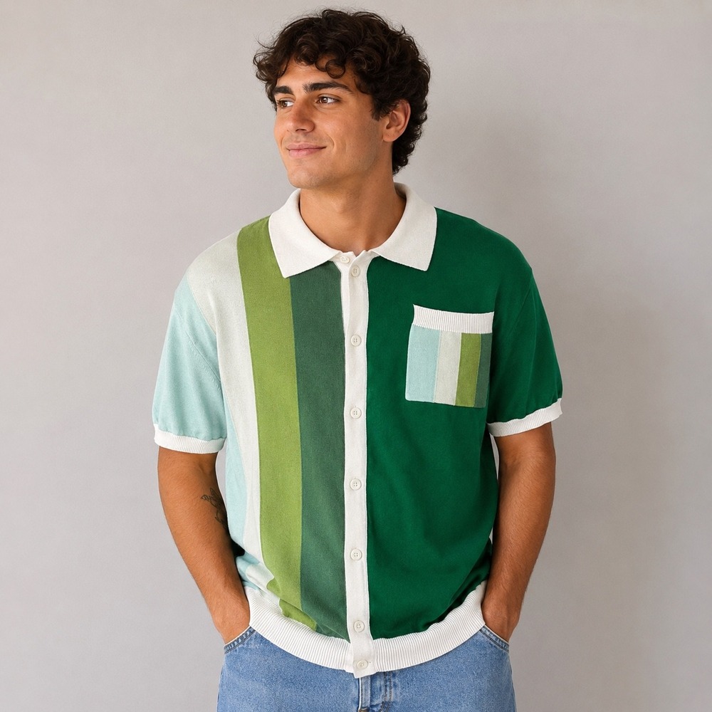 Oxknit Men's Vintage Inspired Green Color Block Knit Polo Button Up Shirt Size S